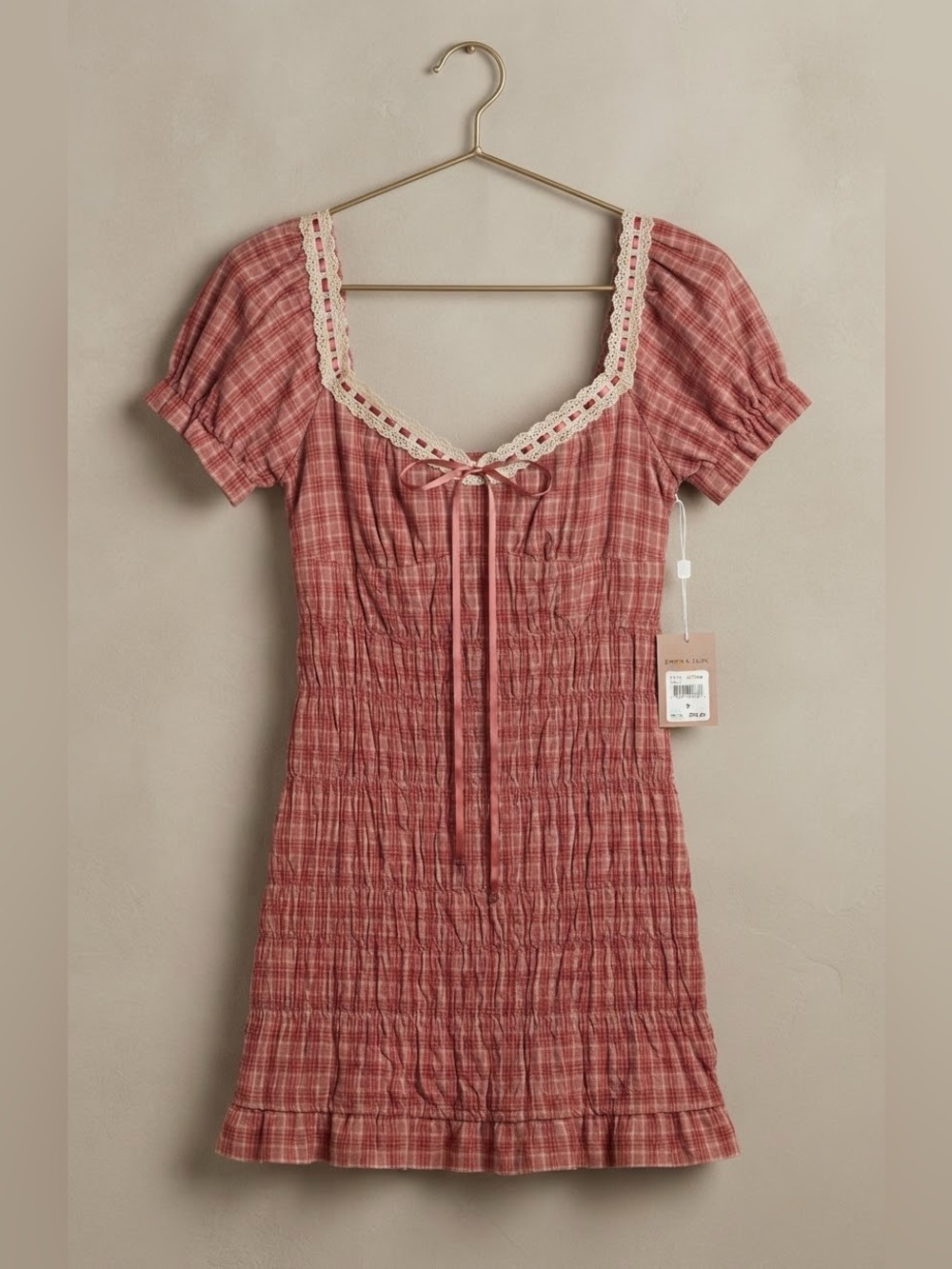 Red Plaid Smocked Mini Dress with Lace Trim